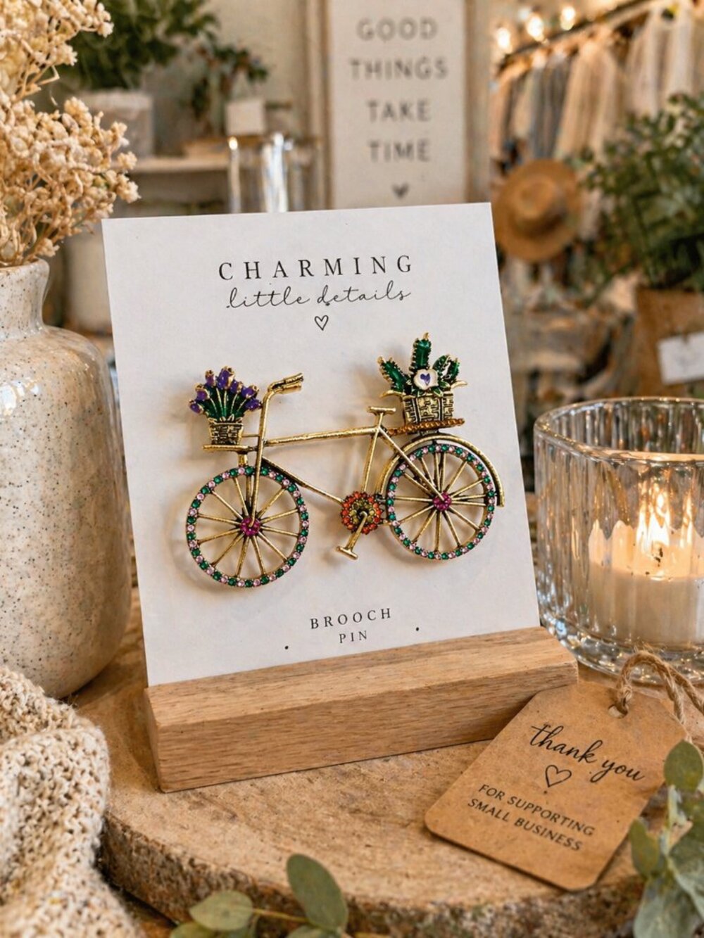 Vintage-Inspired Bicycle Brooch | Gold Tone Rhinestone Floral Pin